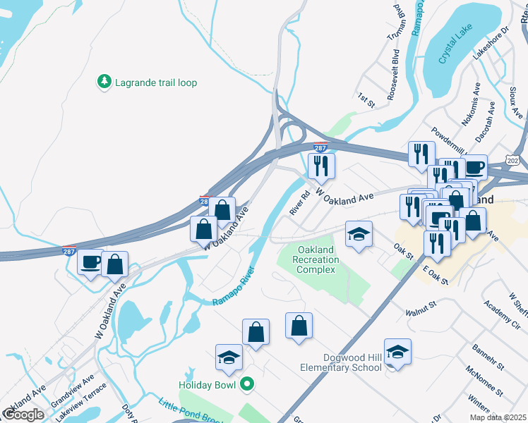 map of restaurants, bars, coffee shops, grocery stores, and more near 179 West Oakland Avenue in Oakland