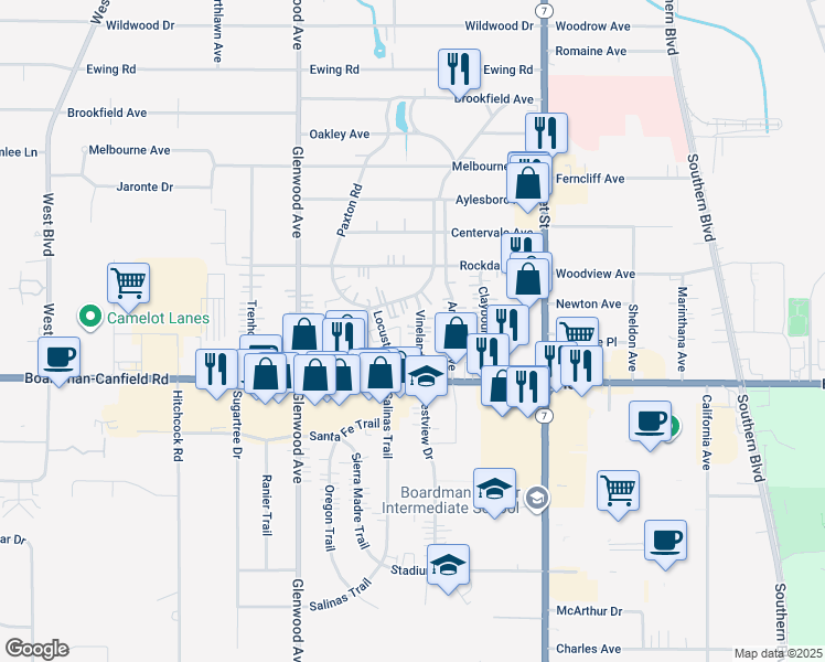 map of restaurants, bars, coffee shops, grocery stores, and more near 7123 Glendale Avenue in Youngstown
