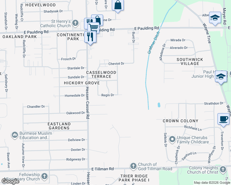map of restaurants, bars, coffee shops, grocery stores, and more near 3433 Casselwood Drive in Fort Wayne