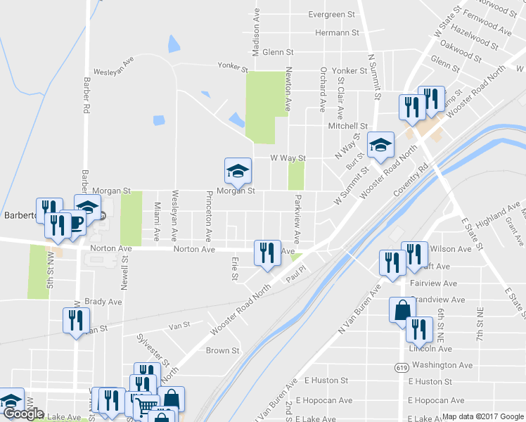 map of restaurants, bars, coffee shops, grocery stores, and more near West Summit Street in Barberton