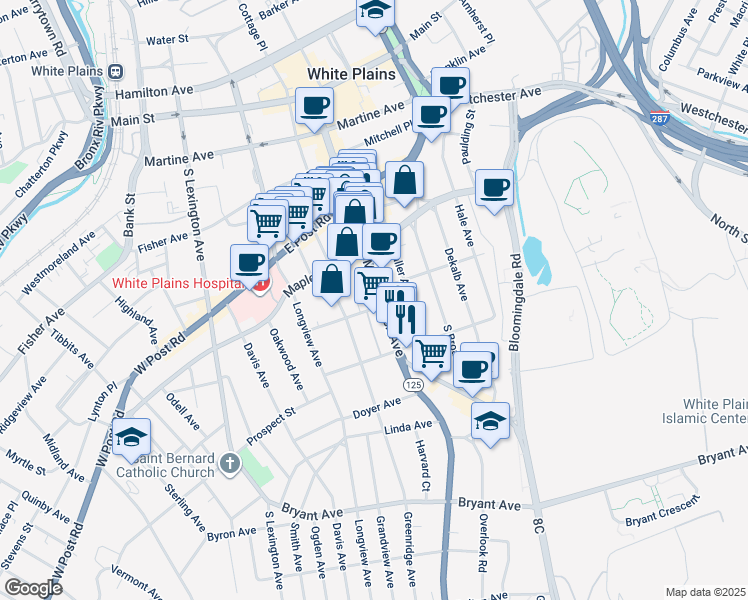 map of restaurants, bars, coffee shops, grocery stores, and more near in White Plains