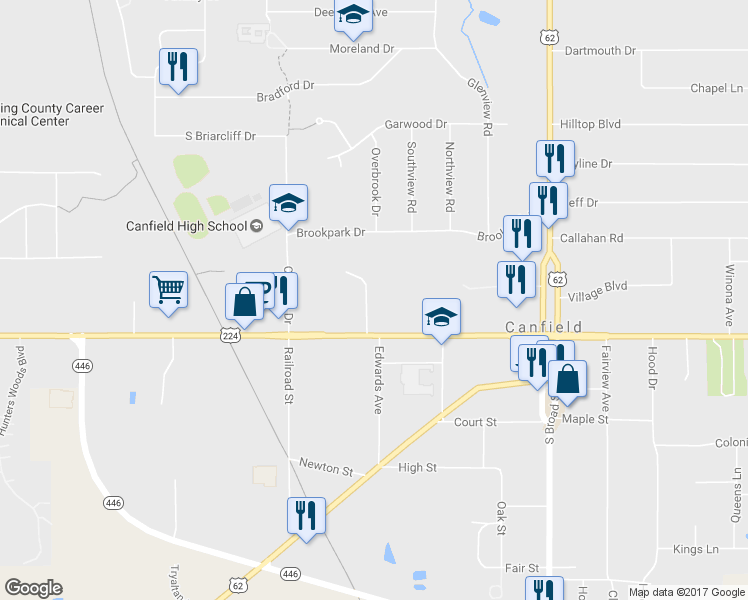 map of restaurants, bars, coffee shops, grocery stores, and more near 31 Stratford Green Drive in Canfield