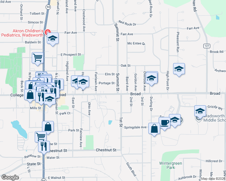 map of restaurants, bars, coffee shops, grocery stores, and more near 359 Portage Street in Wadsworth