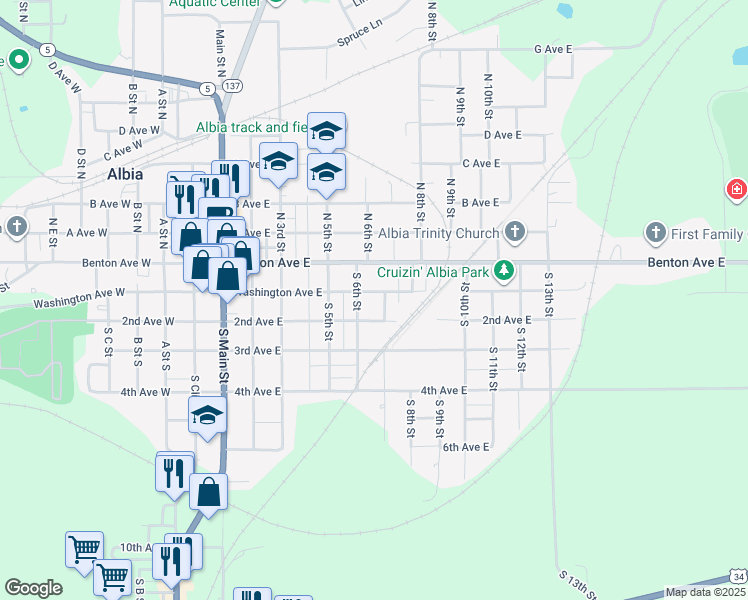 map of restaurants, bars, coffee shops, grocery stores, and more near 701 Washington Avenue East in Albia
