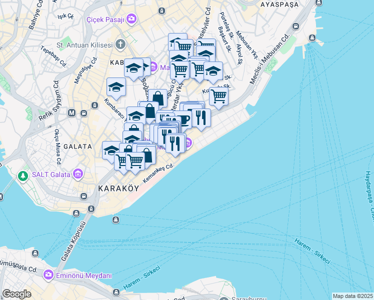 map of restaurants, bars, coffee shops, grocery stores, and more near 1 Tophane İskele Caddesi in Beyoğlu