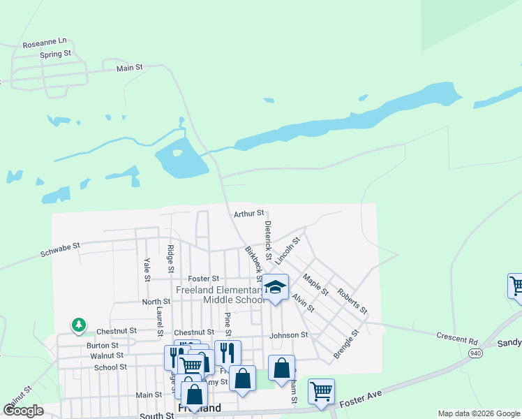 map of restaurants, bars, coffee shops, grocery stores, and more near 770 Arthur Street in Freeland