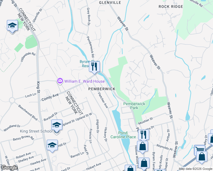 map of restaurants, bars, coffee shops, grocery stores, and more near 1 Ellin Drive in Greenwich