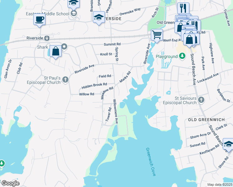 map of restaurants, bars, coffee shops, grocery stores, and more near 35 Meadow Road in Greenwich