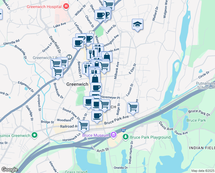 map of restaurants, bars, coffee shops, grocery stores, and more near 236 Milbank Avenue in Greenwich