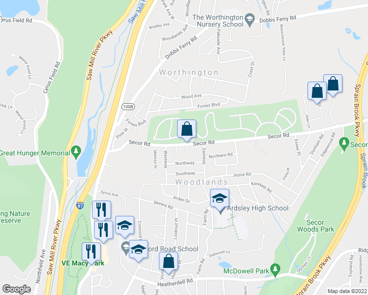 map of restaurants, bars, coffee shops, grocery stores, and more near 2 Ivy Place in Hartsdale