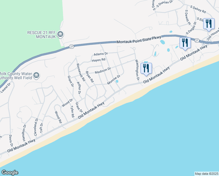 map of restaurants, bars, coffee shops, grocery stores, and more near 20 Jackson Road in Montauk