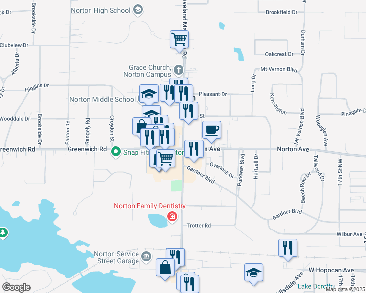 map of restaurants, bars, coffee shops, grocery stores, and more near 4138 South Cleveland Massillon Road in Norton