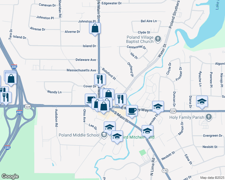 map of restaurants, bars, coffee shops, grocery stores, and more near 7 Morse Place in Poland