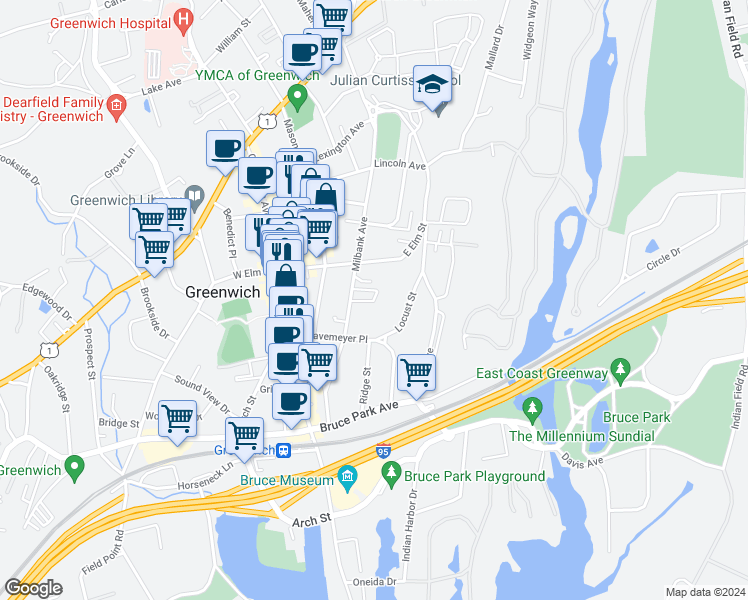 map of restaurants, bars, coffee shops, grocery stores, and more near 229 Milbank Avenue in Greenwich