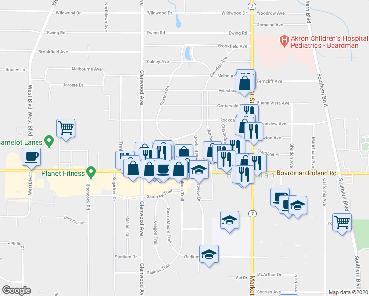 map of restaurants, bars, coffee shops, grocery stores, and more near 7123 Glendale Avenue in Youngstown