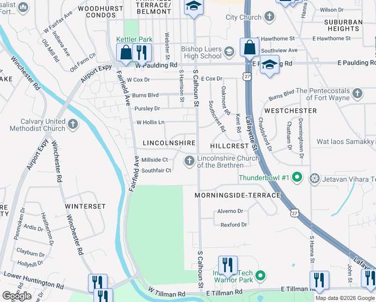 map of restaurants, bars, coffee shops, grocery stores, and more near 114 West Concord Lane in Fort Wayne