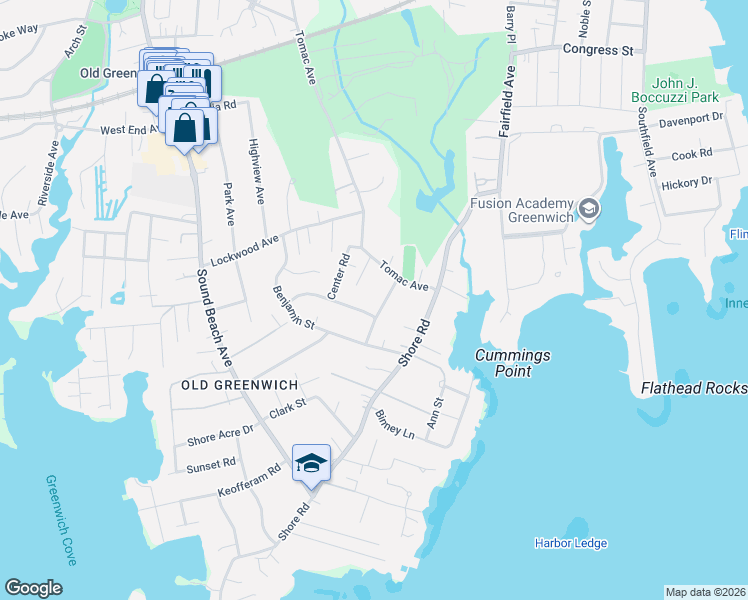 map of restaurants, bars, coffee shops, grocery stores, and more near 28 1/2 Tomac Avenue in Greenwich