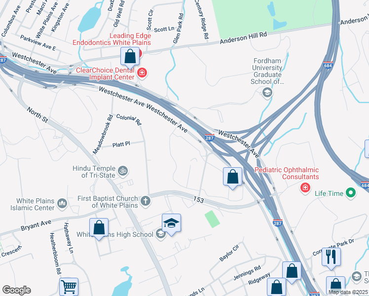 map of restaurants, bars, coffee shops, grocery stores, and more near 701 Westchester Avenue in White Plains