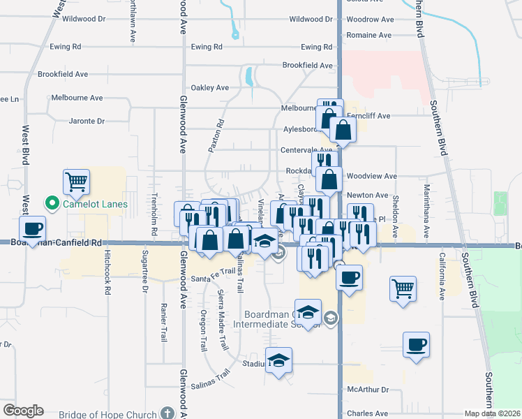 map of restaurants, bars, coffee shops, grocery stores, and more near 7128 Vineland Place in Youngstown