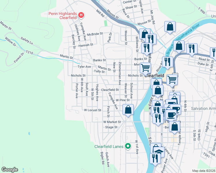 map of restaurants, bars, coffee shops, grocery stores, and more near 325 Stewart Ave in Clearfield