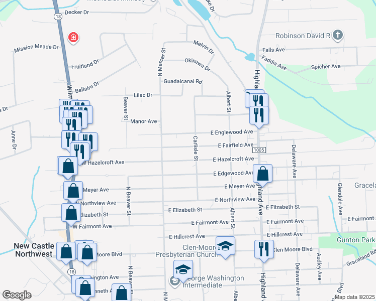map of restaurants, bars, coffee shops, grocery stores, and more near 129 East Fairfield Avenue in New Castle