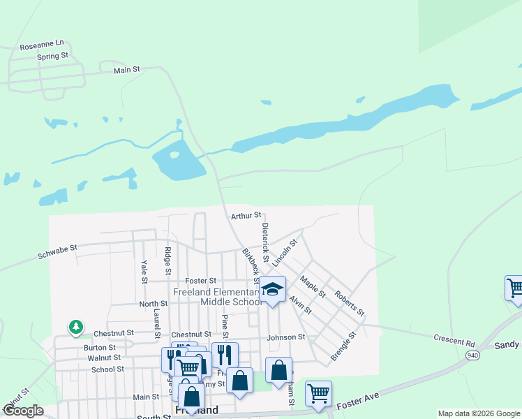 map of restaurants, bars, coffee shops, grocery stores, and more near 770 Arthur Street in Freeland