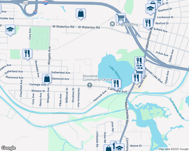 map of restaurants, bars, coffee shops, grocery stores, and more near 2685 Shoreline Drive in Akron
