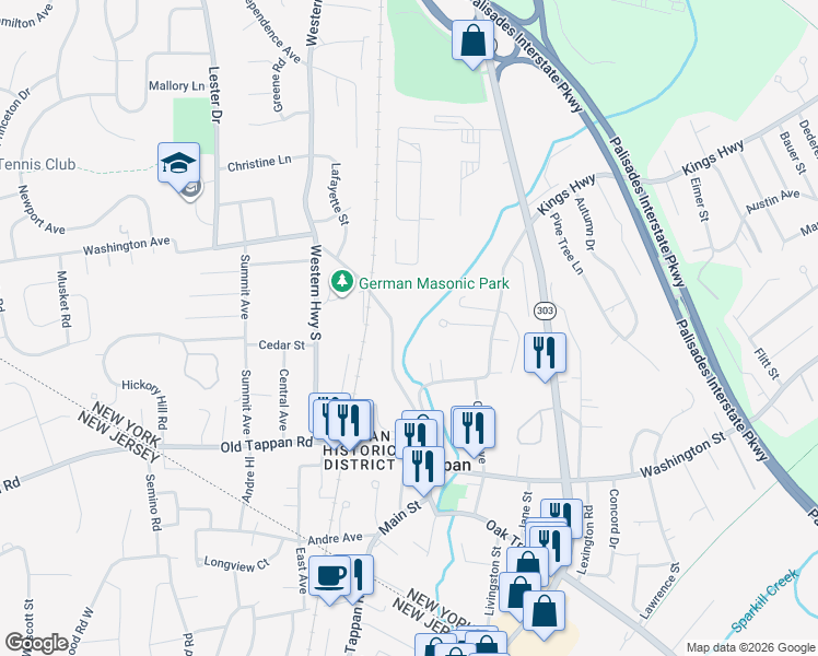 map of restaurants, bars, coffee shops, grocery stores, and more near 115 Greenbush Road in Tappan