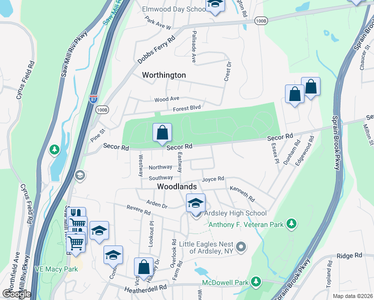 map of restaurants, bars, coffee shops, grocery stores, and more near 263 Secor Road in Hartsdale