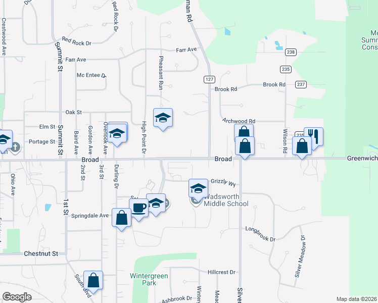 map of restaurants, bars, coffee shops, grocery stores, and more near 694 Broad in Wadsworth