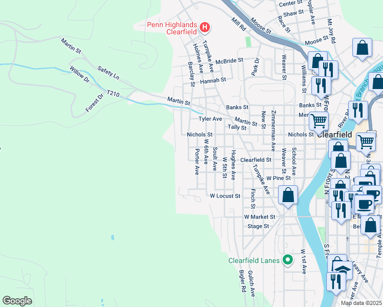 map of restaurants, bars, coffee shops, grocery stores, and more near 317 West 7th Street in Clearfield