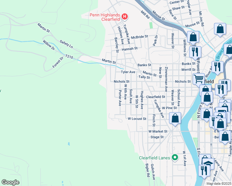 map of restaurants, bars, coffee shops, grocery stores, and more near 317 West 7th Street in Clearfield