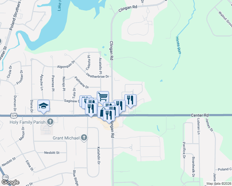 map of restaurants, bars, coffee shops, grocery stores, and more near 6303 Clingan Road in Youngstown