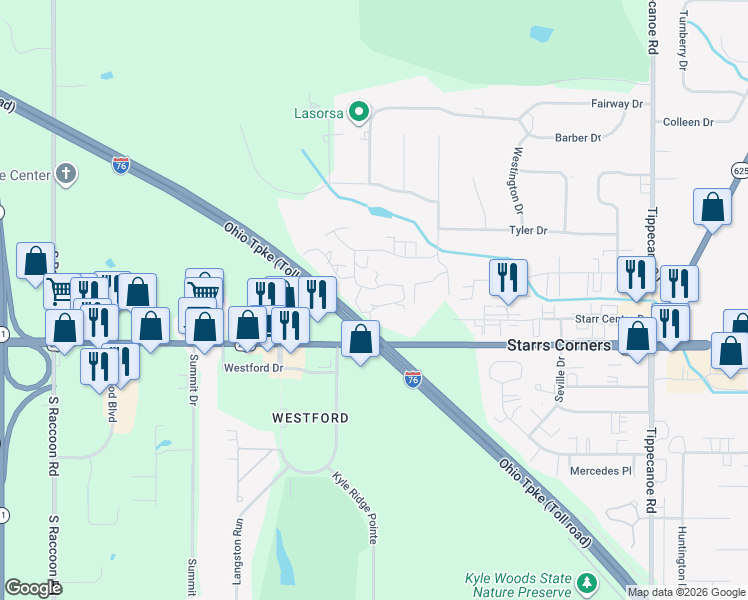 map of restaurants, bars, coffee shops, grocery stores, and more near 4087 Saint Andrews Court in Canfield