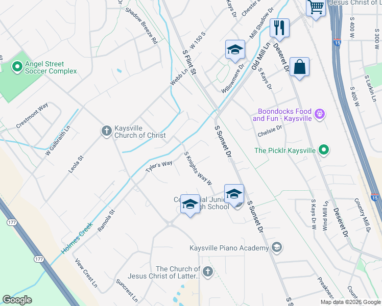 map of restaurants, bars, coffee shops, grocery stores, and more near 1112 Tyler's Way in Kaysville