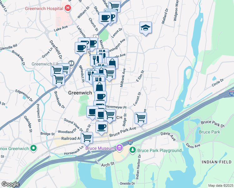 map of restaurants, bars, coffee shops, grocery stores, and more near 236 Milbank Avenue in Greenwich