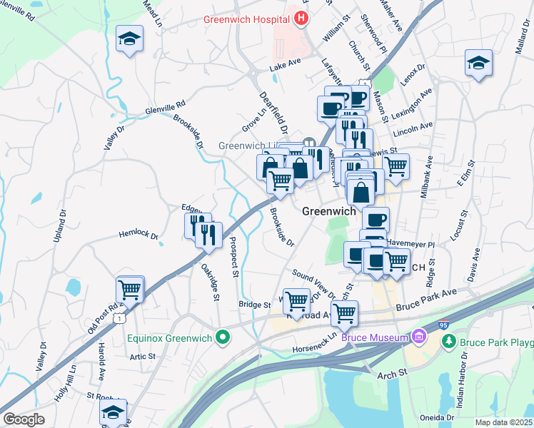 map of restaurants, bars, coffee shops, grocery stores, and more near 166 West Putnam Avenue in Greenwich