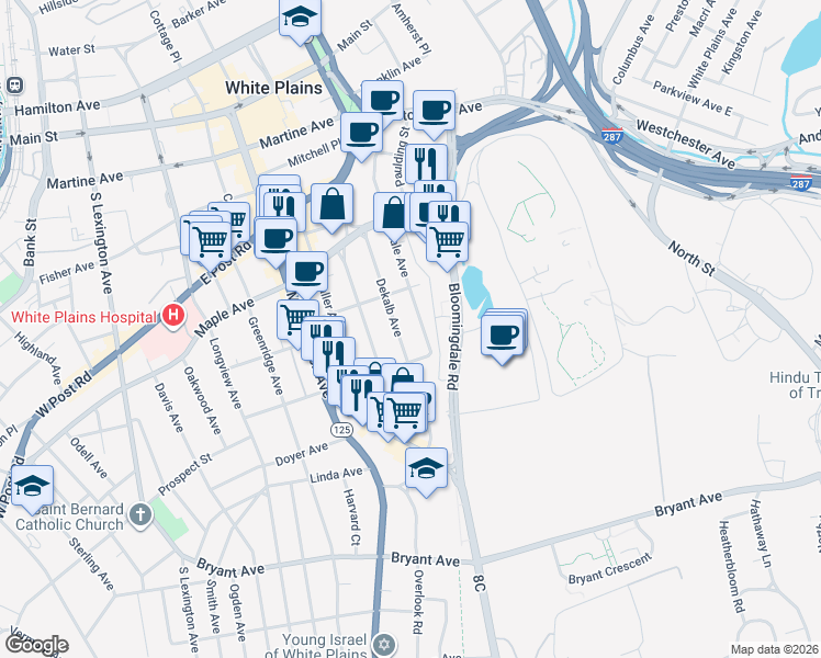 map of restaurants, bars, coffee shops, grocery stores, and more near 177 Hale Avenue in White Plains
