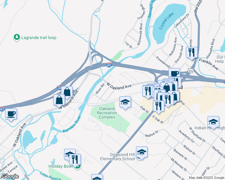 map of restaurants, bars, coffee shops, grocery stores, and more near 104 West Oakland Avenue in Oakland