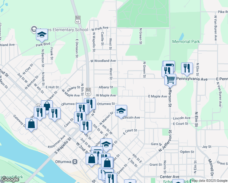 map of restaurants, bars, coffee shops, grocery stores, and more near 212 Albany Street in Ottumwa