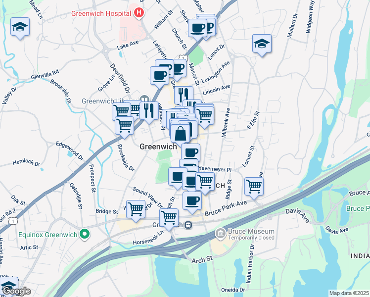 map of restaurants, bars, coffee shops, grocery stores, and more near Greenwich Avenue in Greenwich