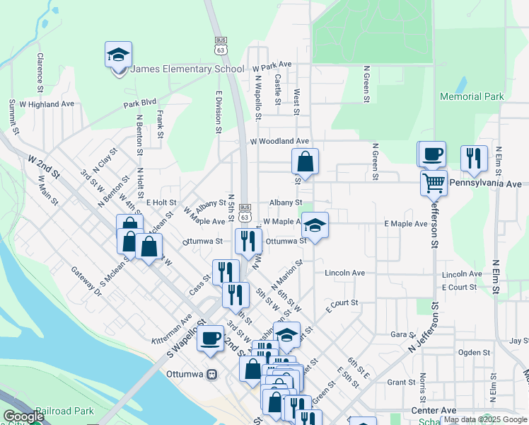 map of restaurants, bars, coffee shops, grocery stores, and more near 300-326 Albany Street in Ottumwa