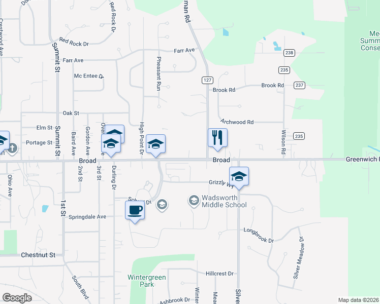 map of restaurants, bars, coffee shops, grocery stores, and more near 694 Broad in Wadsworth