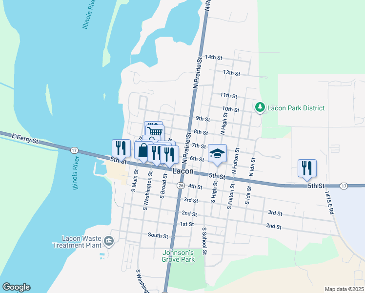 map of restaurants, bars, coffee shops, grocery stores, and more near 407 7th Street in Lacon