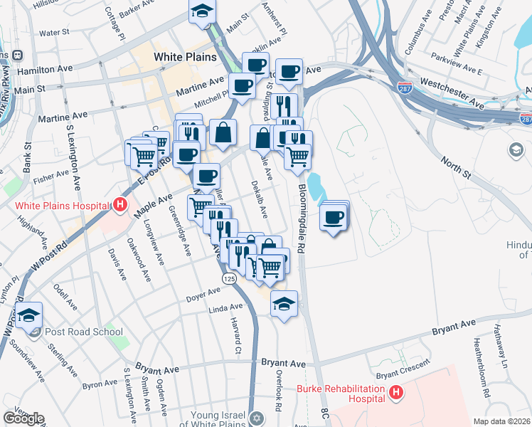 map of restaurants, bars, coffee shops, grocery stores, and more near 177 Hale Avenue in White Plains