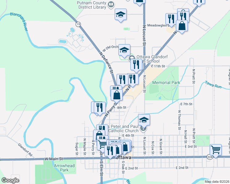 map of restaurants, bars, coffee shops, grocery stores, and more near 900 North Defiance Street in Ottawa