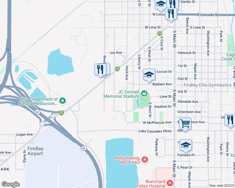 map of restaurants, bars, coffee shops, grocery stores, and more near 1215 Summit Street in Findlay