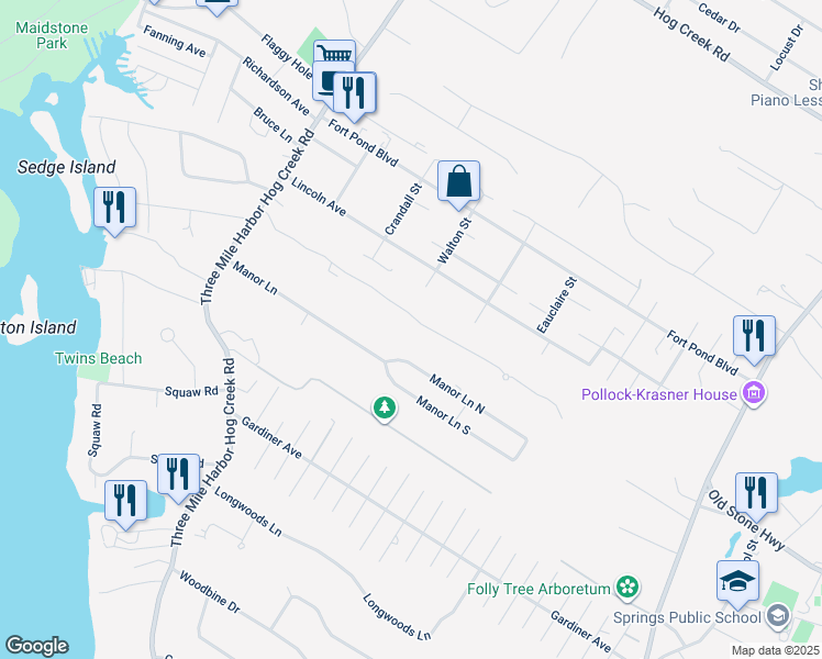 map of restaurants, bars, coffee shops, grocery stores, and more near 34 Briarcroft Drive in East Hampton