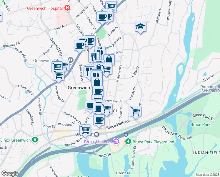 map of restaurants, bars, coffee shops, grocery stores, and more near 169 Mason Street in Greenwich