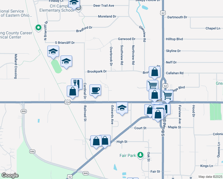 map of restaurants, bars, coffee shops, grocery stores, and more near 31 Stratford Green Drive in Canfield